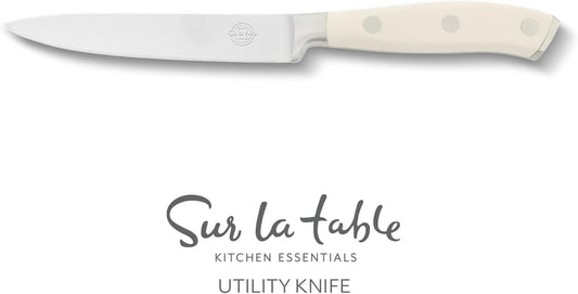 Sur La Table Kitchen Essential Tasting Kitchen German Steel Santoku Knife, 7-Inch Stainless Steel Blade – Professional Kitchen Knife with White Handle and Forged Full Tang