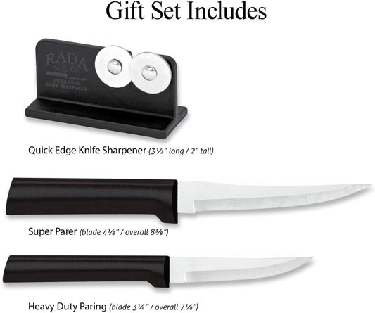 Rada Cutlery Paring Plus Sharpener Set (S36), 3-Piece Knife Set with Quick Edge Knife Sharpener, Stainless Steel Blades, Silver Handle