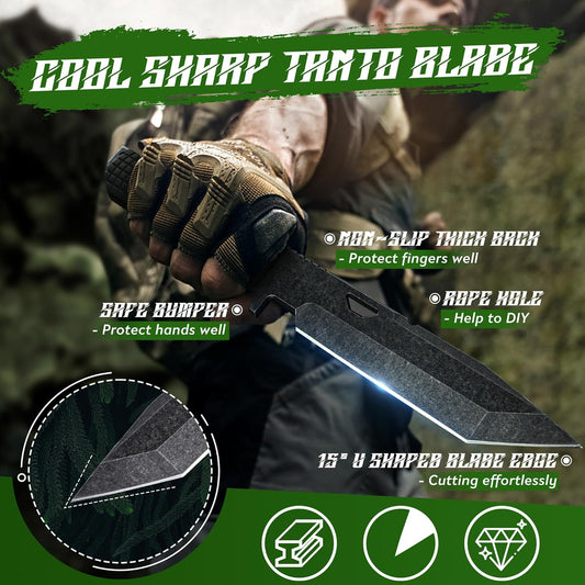 Tactical Knife Kydex - D2 Steel Outdoor Knife with Sheath | Black G10 Full Tang Handle for Outdoor Survival Camping Hiking Thanksgiving Gift Men