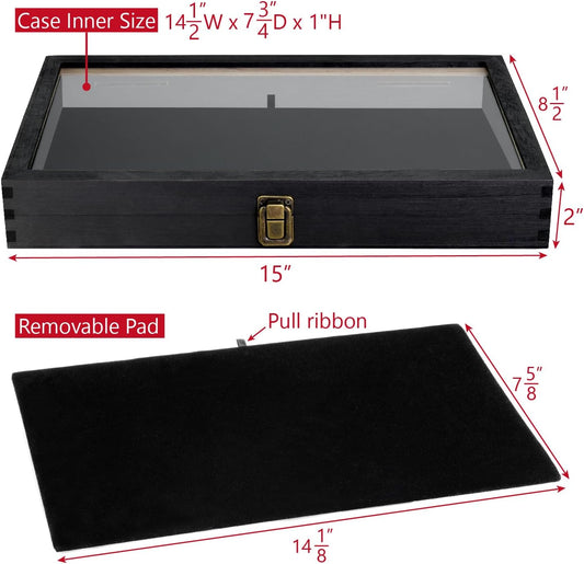 Wooden Jewelry Display Case, Pocket Knife Display Case with Tempered Glass Top Lid and Removable Black Luxurious MDF Velvet Jewelry Pad, Black Color