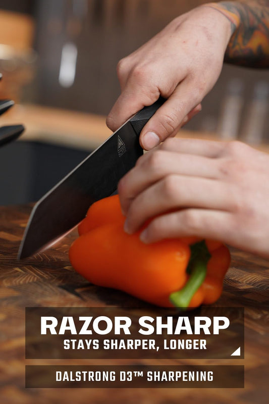 Santoku Knife - 7 inch - Shadow Black Series - Razor Sharp Kitchen Knife - Black Titanium Nitride Coated - High Carbon - 7CR17MOV-X Vacuum Treated Steel - Sheath - Vegetable - NSF Certified