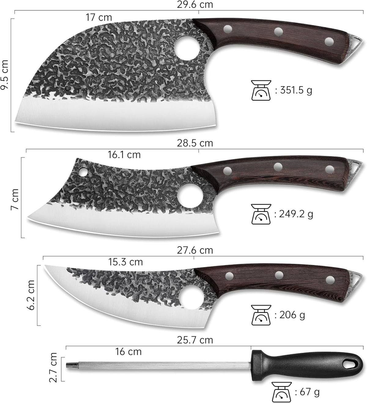 Plys Forged Butcher Knife Set: Comfortable Handle for Long Use - 3PCS Viking Kitchen Knives Set for Mens - Handmade Cooking Meat Cleaver for Cutting and Chopping