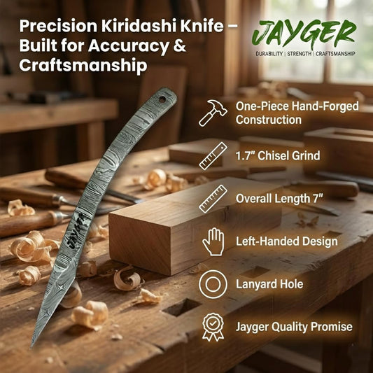 Handmade Kiridashi Knife – Precision Japanese Left Hand Marking Tool – Damascus Steel Curved Blade – Compact Carving & Craft Knife for Woodworking, Leatherwork, DIY & Artisan Use