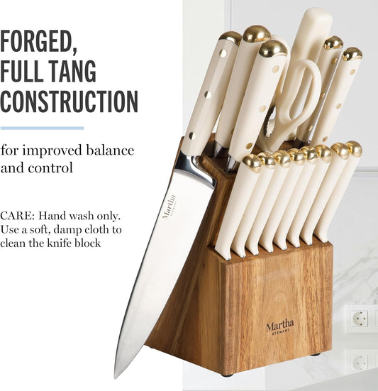 Knife Block Set 16-Piece - Lockton High Carbon Stainless Steel Forged Full Tang Chef Knives, Acacia Wood Block, Triple Riveted Handles, Linen White & Gold