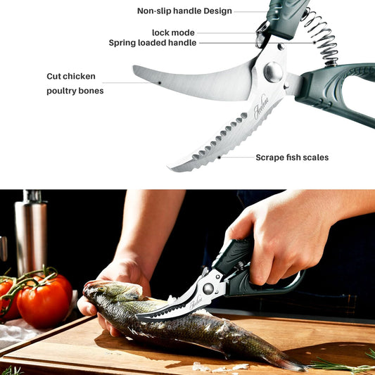 Poultry Shears - Heavy Duty Kitchen Chicken Shears With Anti-Slip Handle & Safety Lock - Poultry Scissors for Meat, Game, Chicken, Bone, Poultry & More - Spring Loaded.
