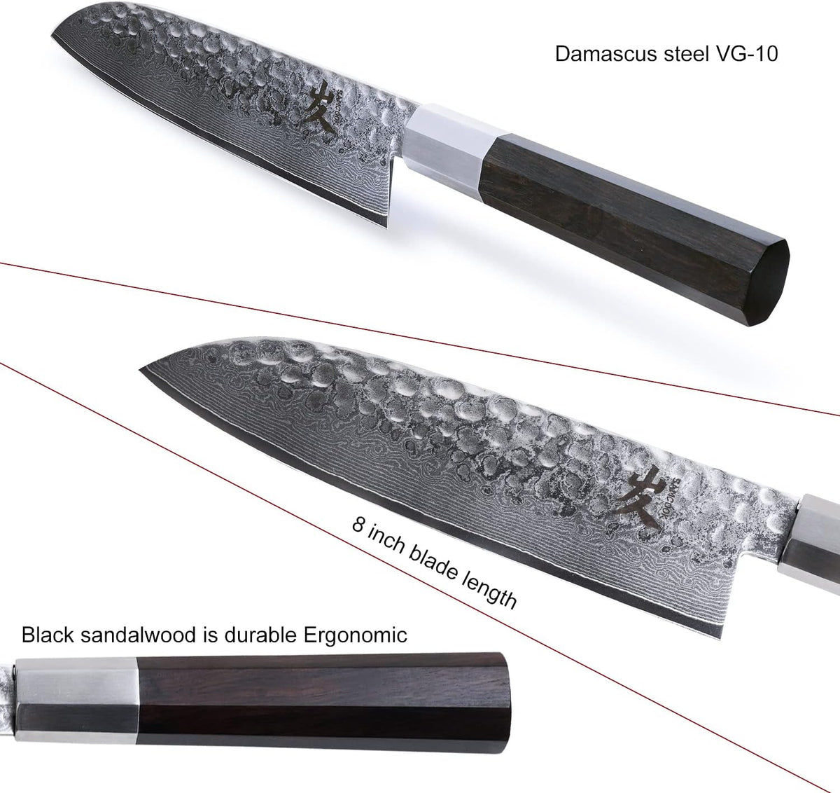 Santoku Chef Knife - 7 Inch Professional Japanese Knife - 67 Layers Damascus High Carbon Stainless Steel Hammered Damascus Kitchen Knife - Ergonomic Octagonal Ebony Handle with Gift Box