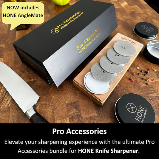 𝗛𝗢𝗡𝗘 Pro Accessories: Accessories Package Set with Premium Leather Strop, AngleMate, Diamond Discs #200, #400, #700, #1000, #2000, and #3000 Ceramic Disc.