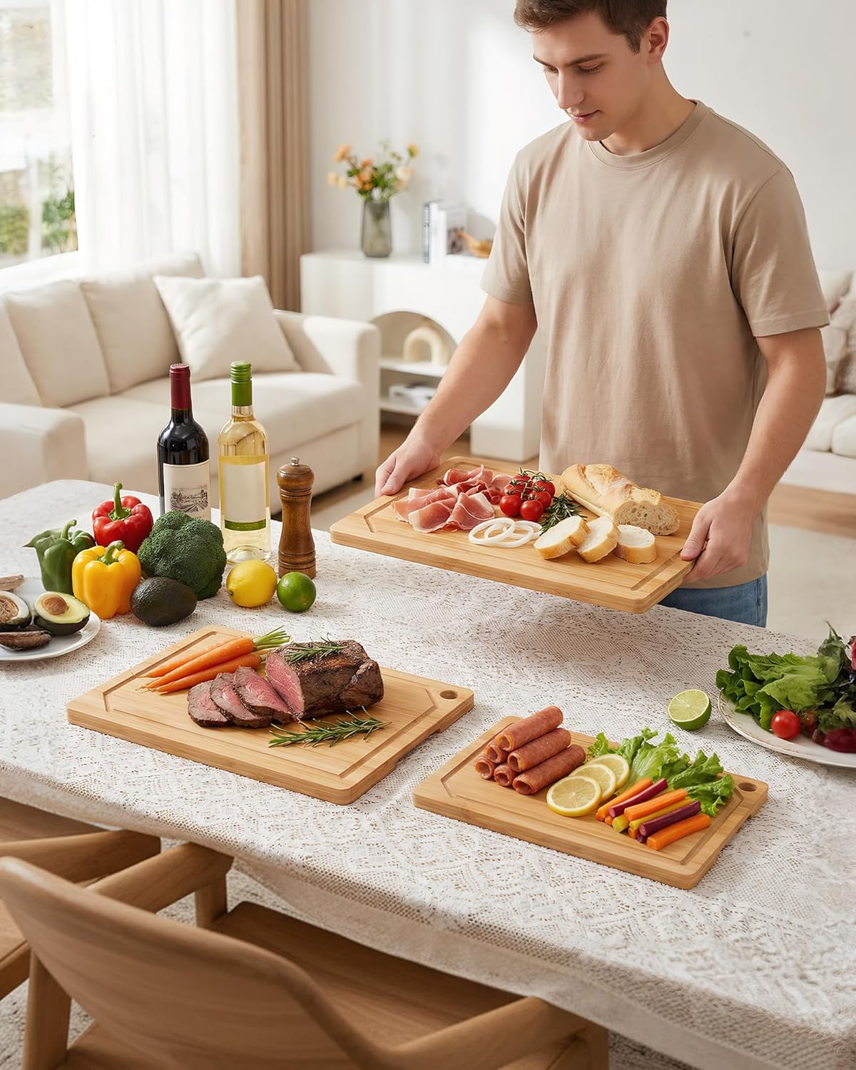 Kitchen Cutting Board Set - 3-Piece Wooden Cutting Boards for Kitchen with Juice Groove, Handles, Hang Holes, Stylish Kitchen Essentials for Chpping & Serving, Natural, 0.6"Th - (L+M+S)