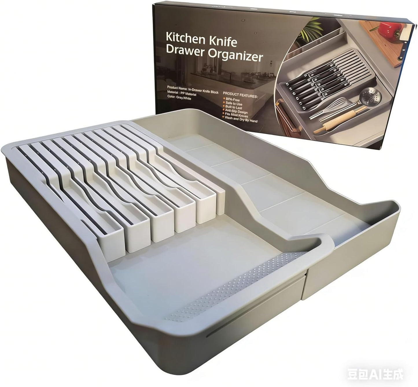 Expandable Drawer Knife Insert Organizer - Plastic Knife Storage Tray for Kitchen Drawers, Adjustable to Fit 11 Knives & Utensils, BPA-Free, Ventilated, Space-Saving, Easy to Clean