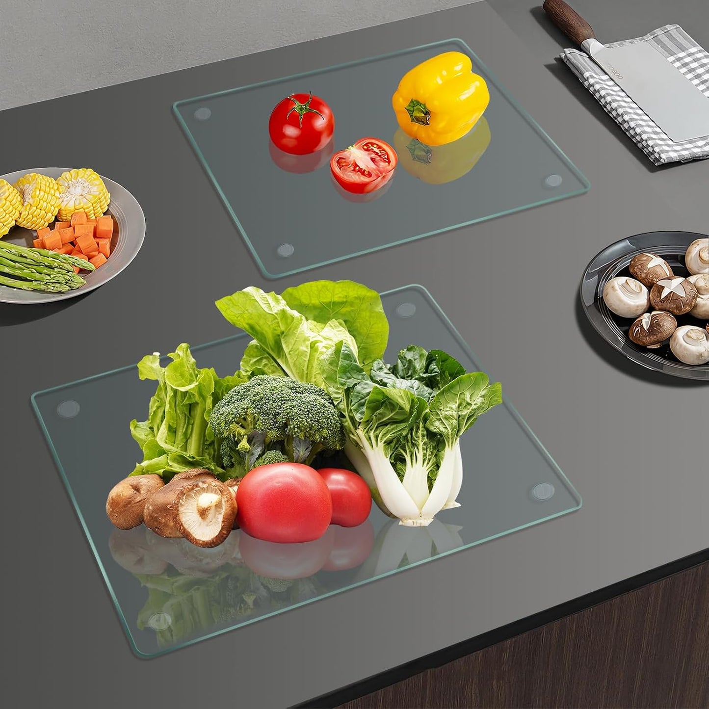 Tempered Glass Cutting Board for Kitchen, Clear Glass Board for Countertop, Heat Resistant, with Non-Slip Feet, 12x16" & 12x8" 2 Pcs Clear