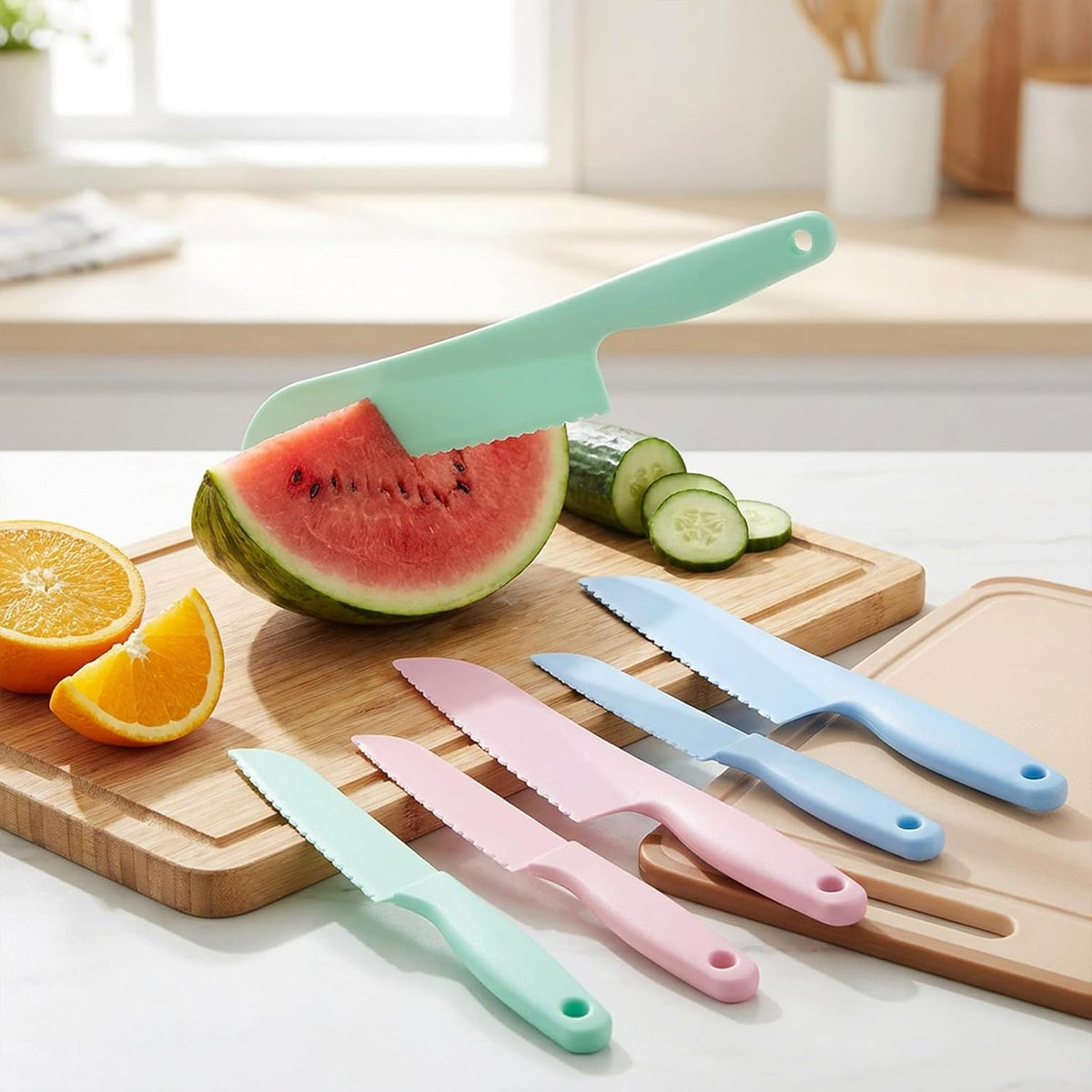 6 Pcs Lettuce Knife, 11/8.5 inch Plastic Cake Knifes to Prevent Browning Dishwasher Safe Kitchen Utensils Pastic Knife for Nonstick Pans (S/L Blue Green Pink)