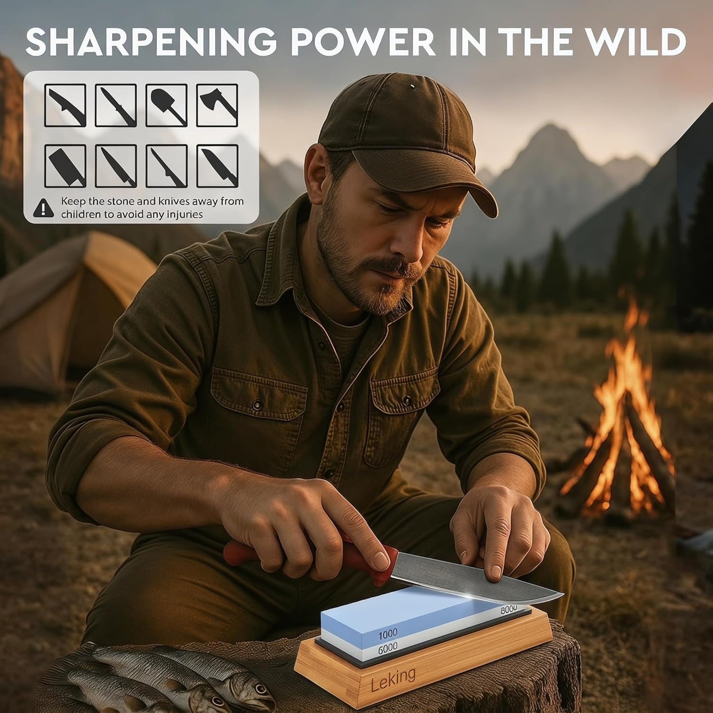 Professional Knife Sharpener & Sharpening Stone Set: 1000/6000 Grit Dual-Sided Whetstone(7"x2.4"x1.2") with Bamboo Base, Non-Slip Silicone Holder, Angle Guide & Leather Strop Kit