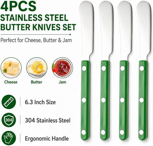 4PCS Stainless Steel Butter Knives Set: 6.3 Inch Cheese Spreader 304 Stainless Steel with Ergonomic Handle for Cheese, Butter & Jam (green)