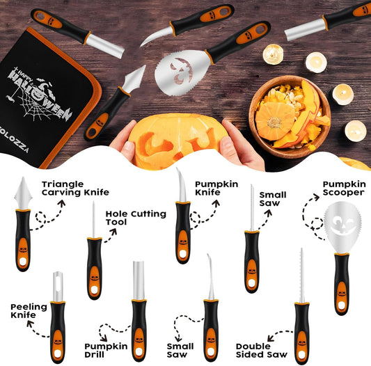 Professional Pumpkin Carving Kit, 26 PCS Heavy Duty Stainless Steel Tools with 9 Knives, Saw & Scoop, Halloween Carving Set with Stencils for Adults & Kids to DIY Jack-o-Lanterns