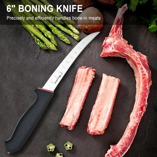 6" Boning Knife for Meat Cutting, Curved Blade | Curved blade deboning,High-carbon rust-resistant,Fluted edge tears less,Softgrip reduces fatigue,Versatile meat & poultry.