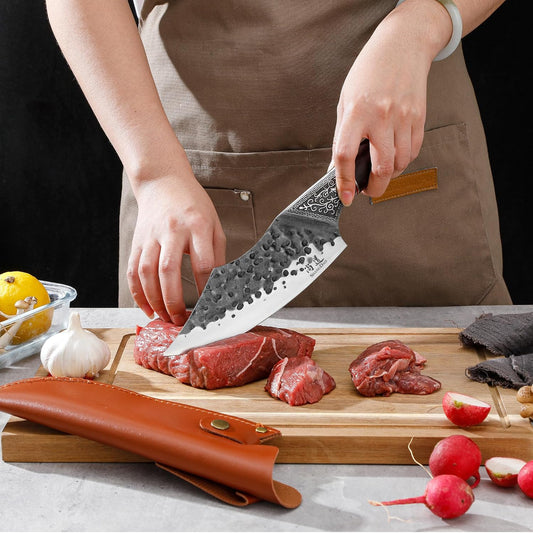 7" Chef Knife - Butcher Knife for Meat, Japanese High Carbon Meat Cleaver Knife, Hand Forged Meat Cutting Knife, Ultra Sharp Kitchen Knife for Home, Camping BBQ Cooking Knife