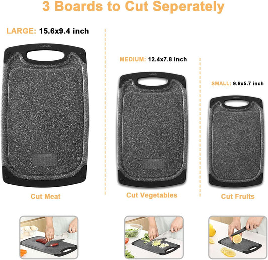 Plastic Cutting Boards Set of 3,BPA Free,Dishwasher Safe | Thick Chopping Boards for Kitchen with Deep Juice Grooves, Non‑Slip Feet, Easy Grip Handle, Grinding Area, Black