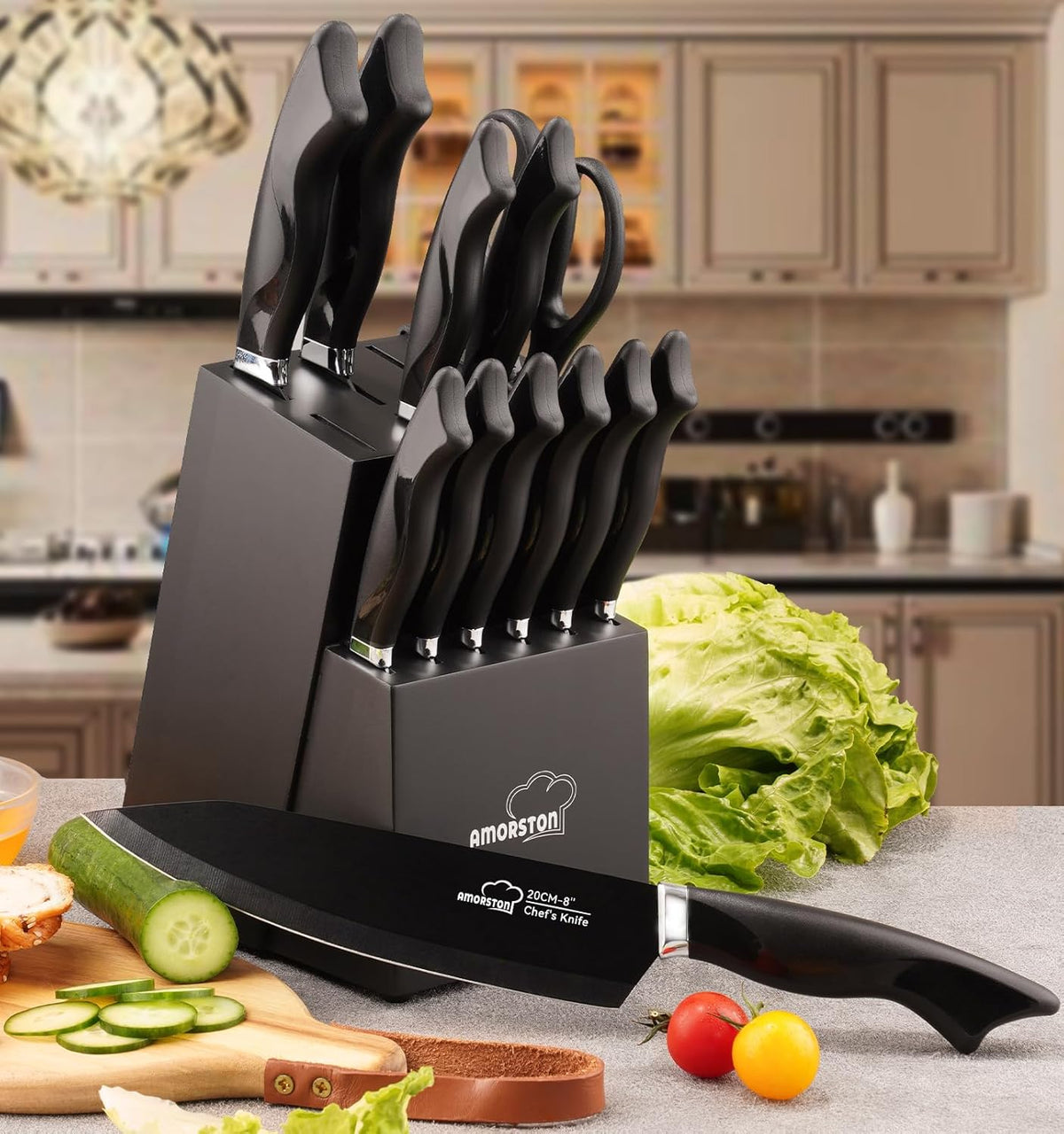 Knife Set, 15 Pieces Kitchen Knife Set with Built in Sharpener, High Carbon German Stainless Steel Knife Block Set, Dishwasher Safe, Fathers Day Gift for Men