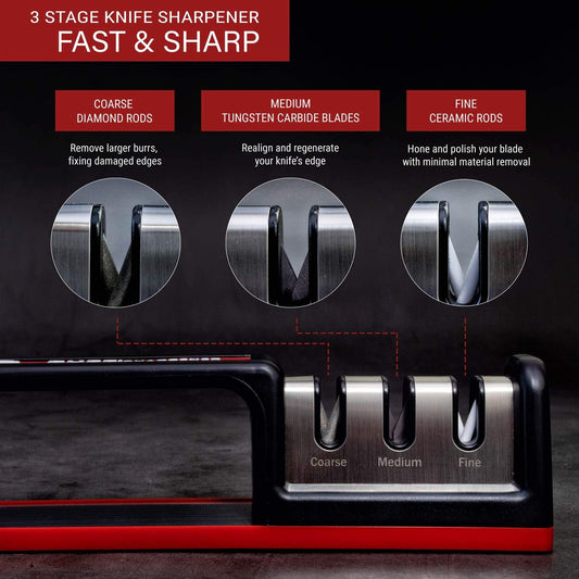Kitchen Knife Sharpener - Complete 3-stage Knife Sharpener CS-T01 with Diamond Dust Rods, Sturdy Design, Non-slip Base Pat, Easy and Safe to Use, Fast and Effective Manual Sharpening Tool