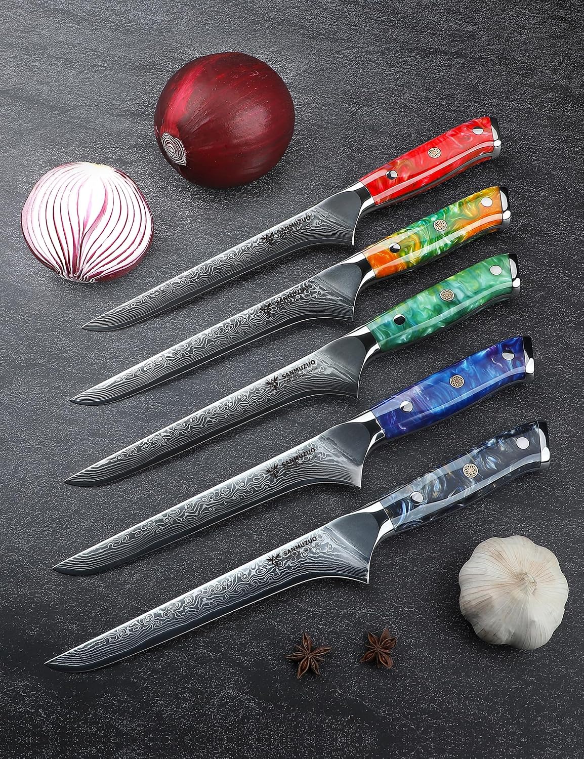 7 inch Fillet Knife, VG10 Damascus Steel Fish Boning Knife with Resin Handle - Xuan Series (Fantasy Orange)
