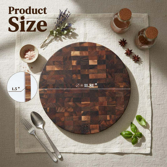 Round End Grain Acacia Cutting Board, 12" x 12" x 1.5" Thick Butcher Block for Meat, Cheese, Charcuterie & Kitchen Prep, Solid Hardwood, Knife Friendly, Non Toxic Wood Serving Board by New M Way