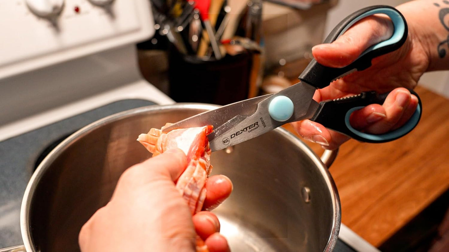 SGS01B-CP SofGrip (25353) Poultry/Kitchen Shears, stain-free, high-carbon steel, non-slip, stain-free, black/blue, soft rubber grip handle, Clam Packaging, NSF Certified