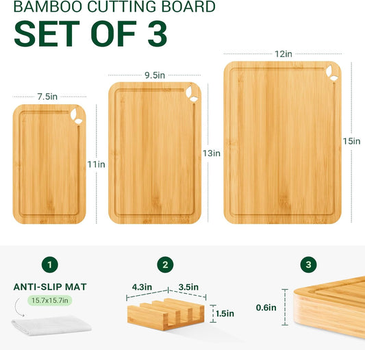 Bamboo Cutting Boards for Kitchen, Wooden Cutting Boards Set with Holder | Knife-Friendly Chopping Boards with Silicone Mat, Charcuterie Boards with Side Handles and Juice Grooves