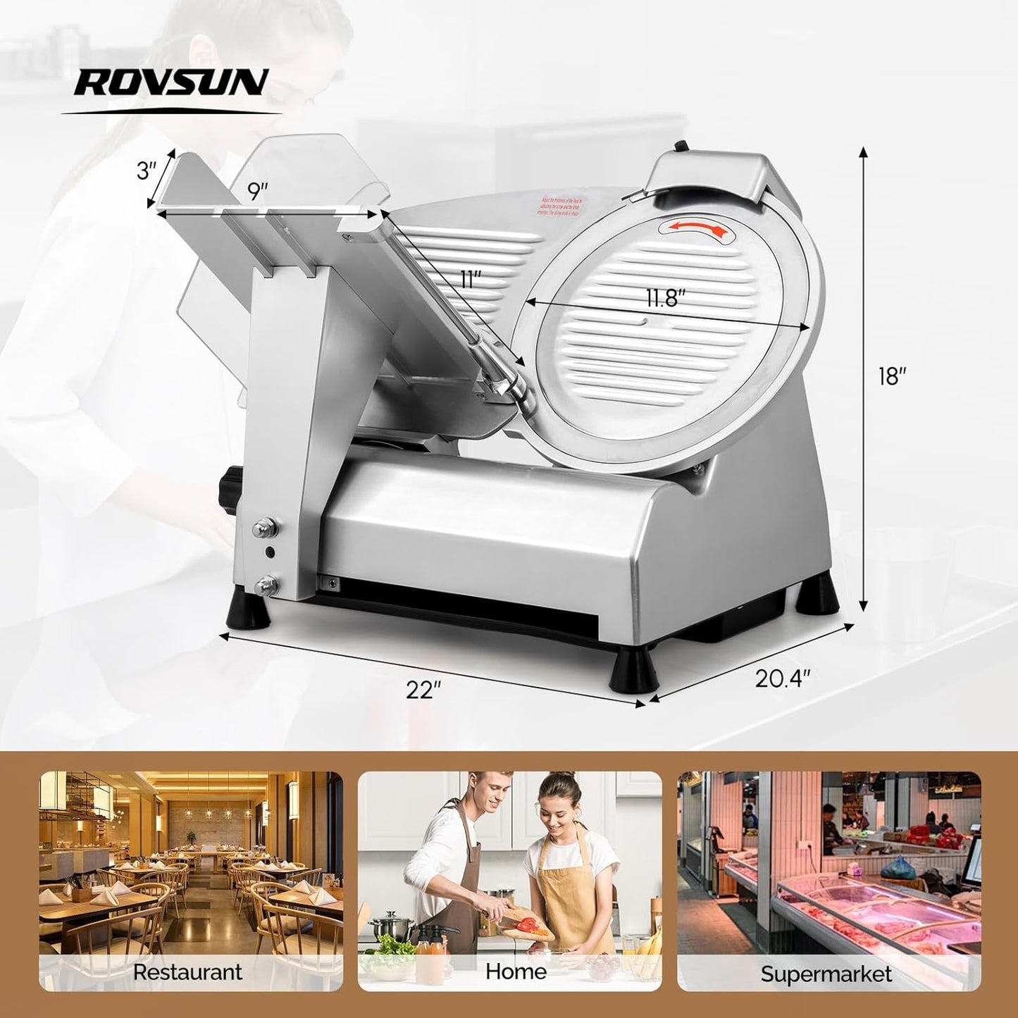 ROVUN 8 inch Commercial Meat Slicer, Electric Food Slicer, 210W Frozen Meat Deli Slicer, 0-13mm Adjustable Thickness, Chromium-Plated Steel Blade for Home and Commercial