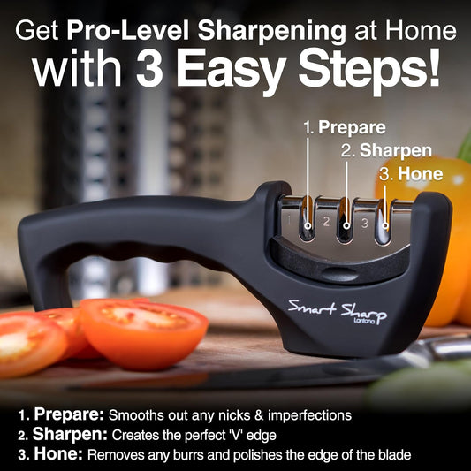 Smart Sharp Knife Sharpener, 3 Stage, for Kitchen Knives, Black | 3 step sharpening - quick, easy, effective and safe - restores dull blades, comfort handle, for kitchen knives
