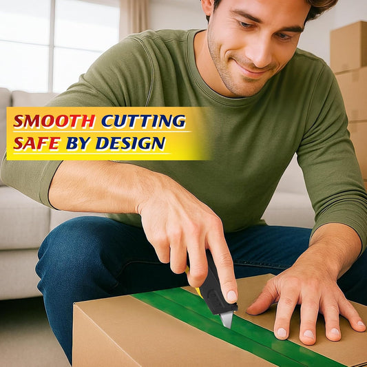 Self-Retracting Safety Box Cutter with Holster and 10 SK5 Blades | Non-slip utility knife, razor knife and box opener for warehouse, retail and home use, ideal as navajas para trabajo