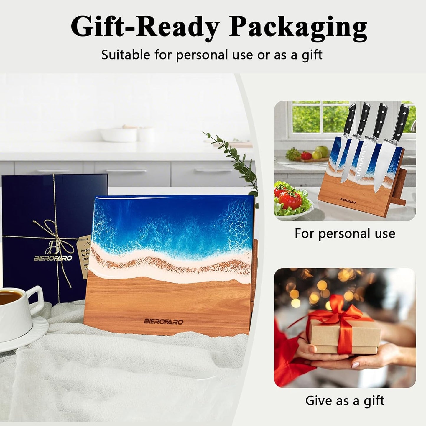 Wooden Magnetic Knife Holder – Freestanding Knife Block with Cutting Board Holder, Countertop Magnetic Knife Stand in Acacia Wood with Resin Design