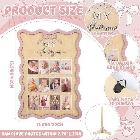 Pink Bow My First Year Photo Board Scalloped, One Year Birthday Wooden Picture Frame 12 Monthly Milestone Photo Frame 16.5 x 11.8 Baby 1st Birthday Decoration Gift for Baby Girls Keepsake Girls
