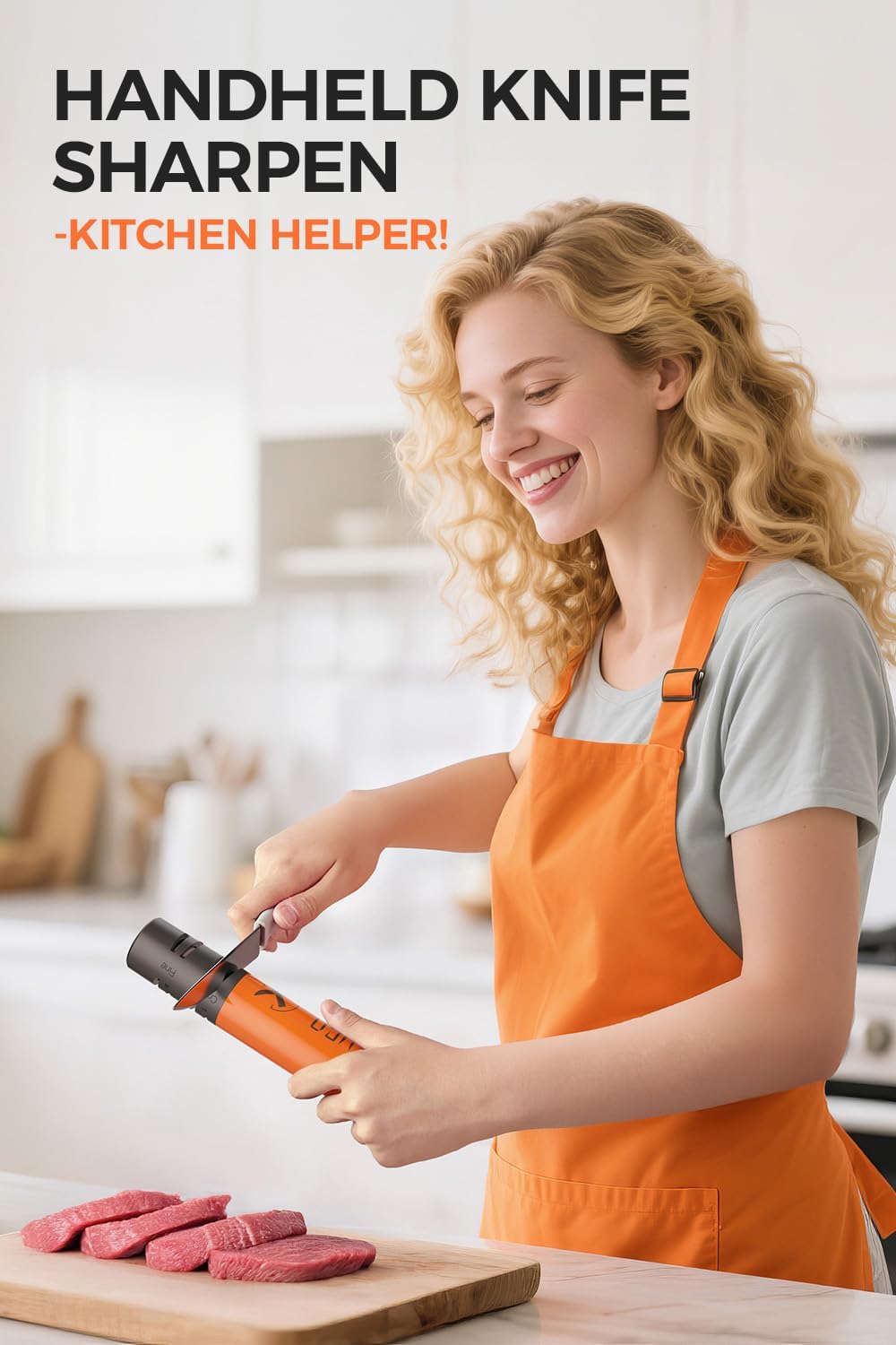 Cordless Electric Knife Sharpener, Portable Rechargeable Electric Knife Sharpener for Home Kitchen, 3-Speed 7000RPM Handheld Tool for Straight Blades (Orange)