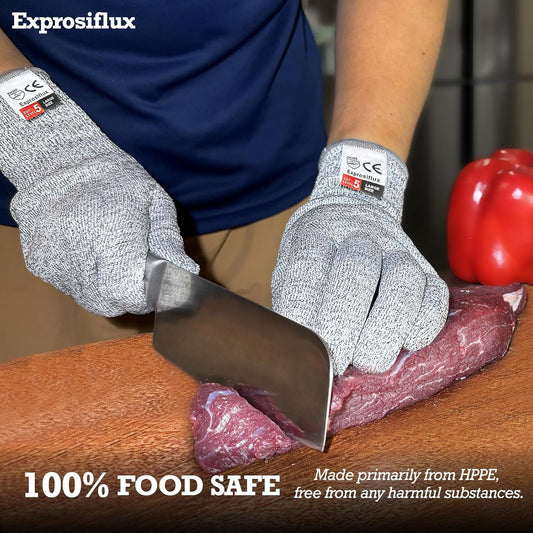 2-Pair Food Safe Cut Resistant Work Gloves Level 5, Gray, M | HPPE Cut Proof Gloves. Machine Washable, Prevents Cardboard Cuts. With Loops for Kitchen, Wood Work & Box Sealing