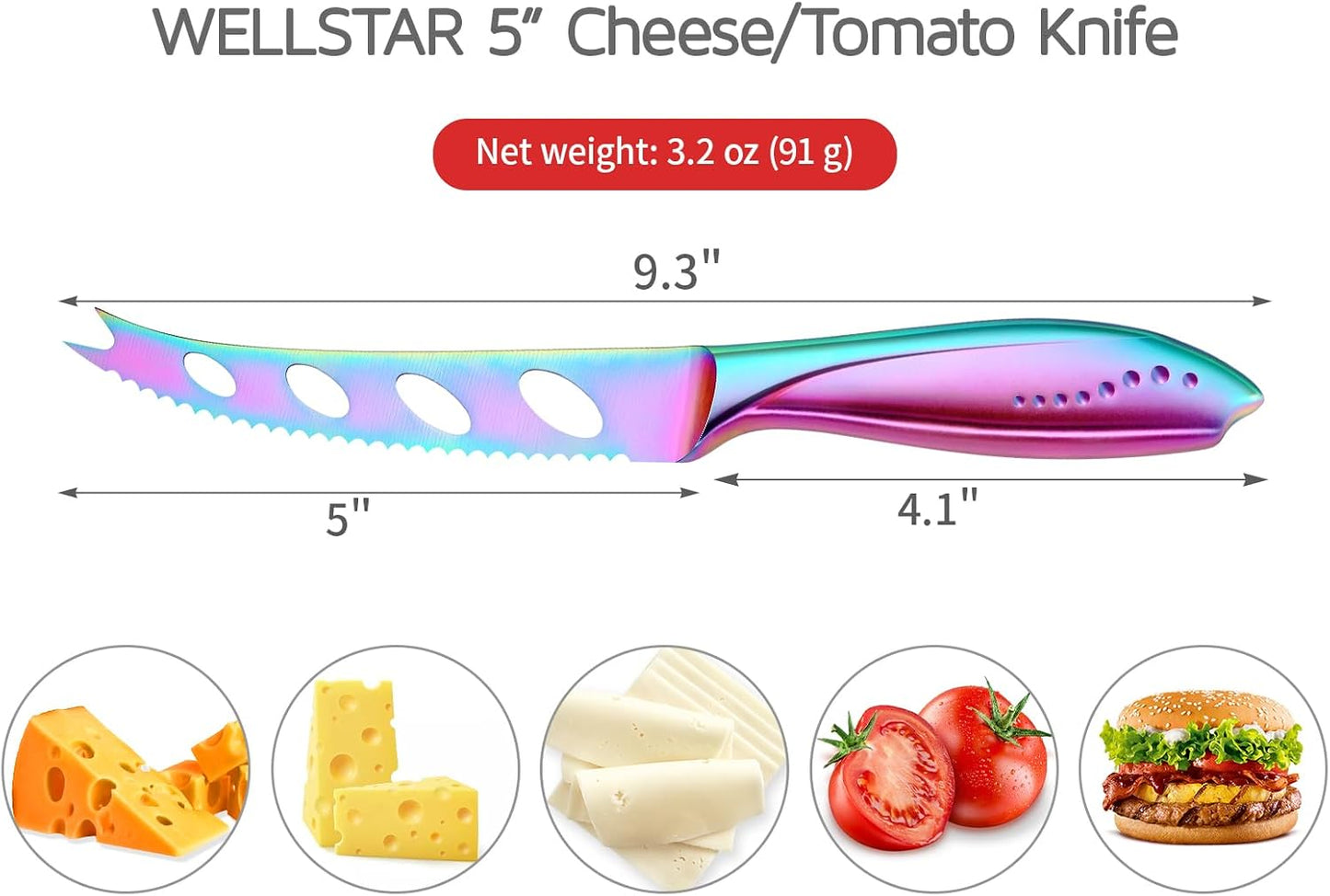 Cheese Knife, Serrated Tomato Knife 5 Inch Sharp High Carbon Stainless Steel Blade for Cutting All Cheese Types - Rainbow