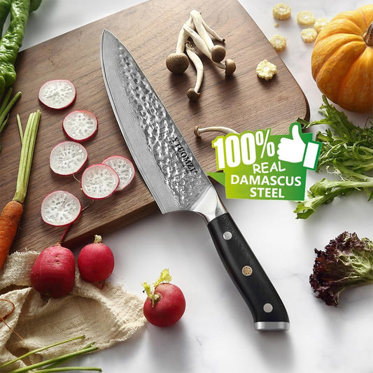 Damascus Chef Knife, 8-inch Damascus Steel Chef's Knife VG10 Forged Kitchen Knife High Carbon 67-Layer Hammered Damascus Cooking Knife, Meat Fruit Vegetable Gyuto Knife w/Ergonomic G10 Handle