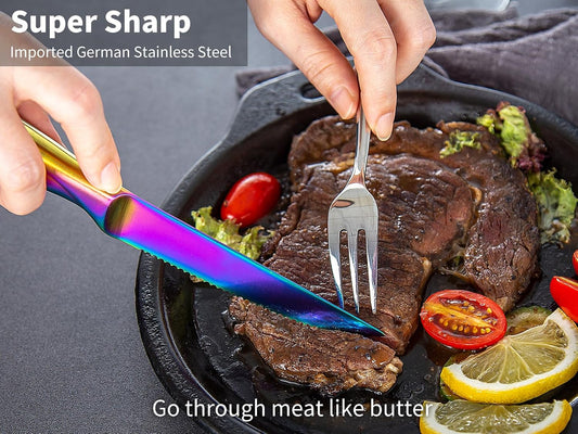 Rainbow Serrated Steak Knife 8 Piece Set, German High Carton Stainless Steel Blade for Home Restaurant