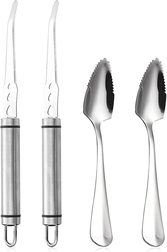 Grapefruit Knife - Curved Serrated Stainless Steel, Pack of 2 with 2 Pcs Spoons, for Grapefruit & Oranges