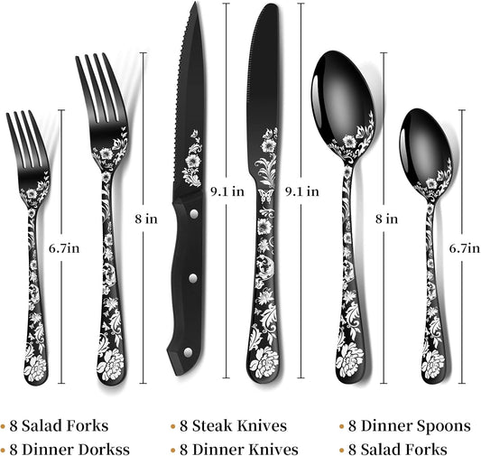 48-Piece Black Silverware Set with Steak Knife, Black Flatware Sets for 8, Stainless Steel Cutlery Set Includes Forks Knives Spoons,Unique Pattern Design,Mirror Polished and Dishwasher Safe