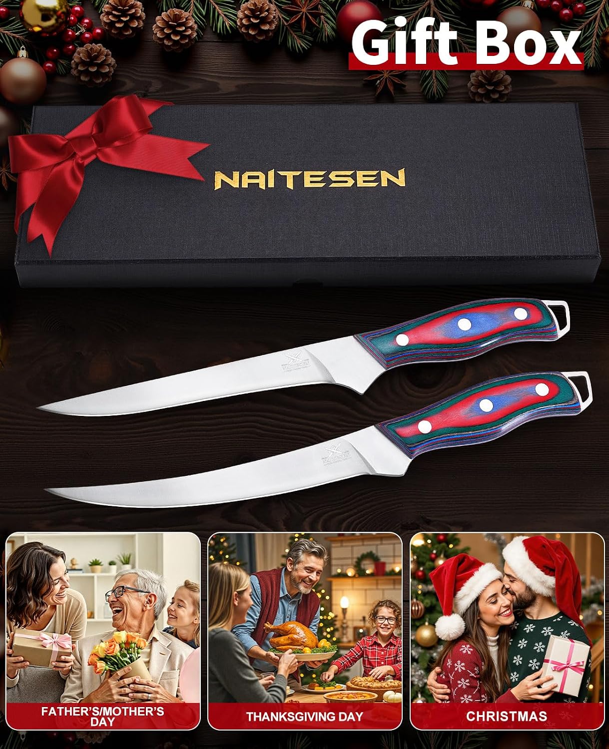 Professional Boning Knife and Fillet Knife Set 2 with Gift Box | Super Sharp Outstanding Flexibility 10Cr18Mov High Carbon Steel Full Tang Wooden Handle for Fish Meat Poultry Cutting