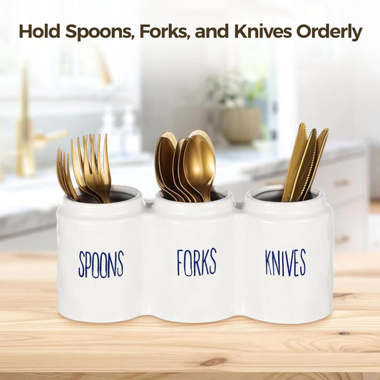 Ceramic Kitchen Utensil Holder for Countertop, White Caddy Organizer Silverware Holder Flatware Cutlery Storage Organizer with 3 Compartments for Forks, Spoons, Knives