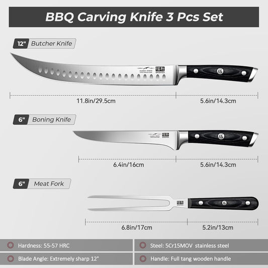 SHAN ZU 3Pcs BBQ Carving Knife Set with Sheath – for Turkey, Meat, BBQ, Brisket, Razor Sharp Slicing Knife, Professional 5Cr15MoV Stainless Steel, Ergonomic Full Tang Wood Handle, Gift Box Included