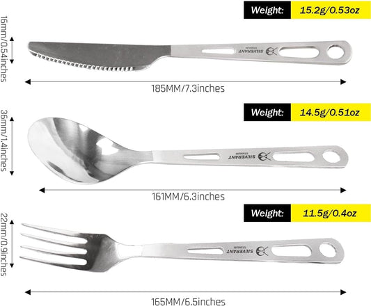 SILVERANT Titanium Camping Flatware, Knife Fork & Spoon 3 Piece Camping Cutlery Set Lightweight Tableware for Lunch Box Outdoor Camping & Hiking, Comes with Drawstring Bag & Carabiner- Polished