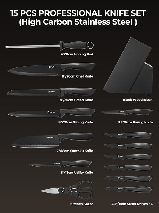Knife Set, 15 Pieces Knife Sets for Kitchen with Block, Dishwasher Safe Kitchen Knife Set with Sharpener Rod, Black Coating German Stainless Steel Knife Block Set, Non-stick & Non Rust, Black