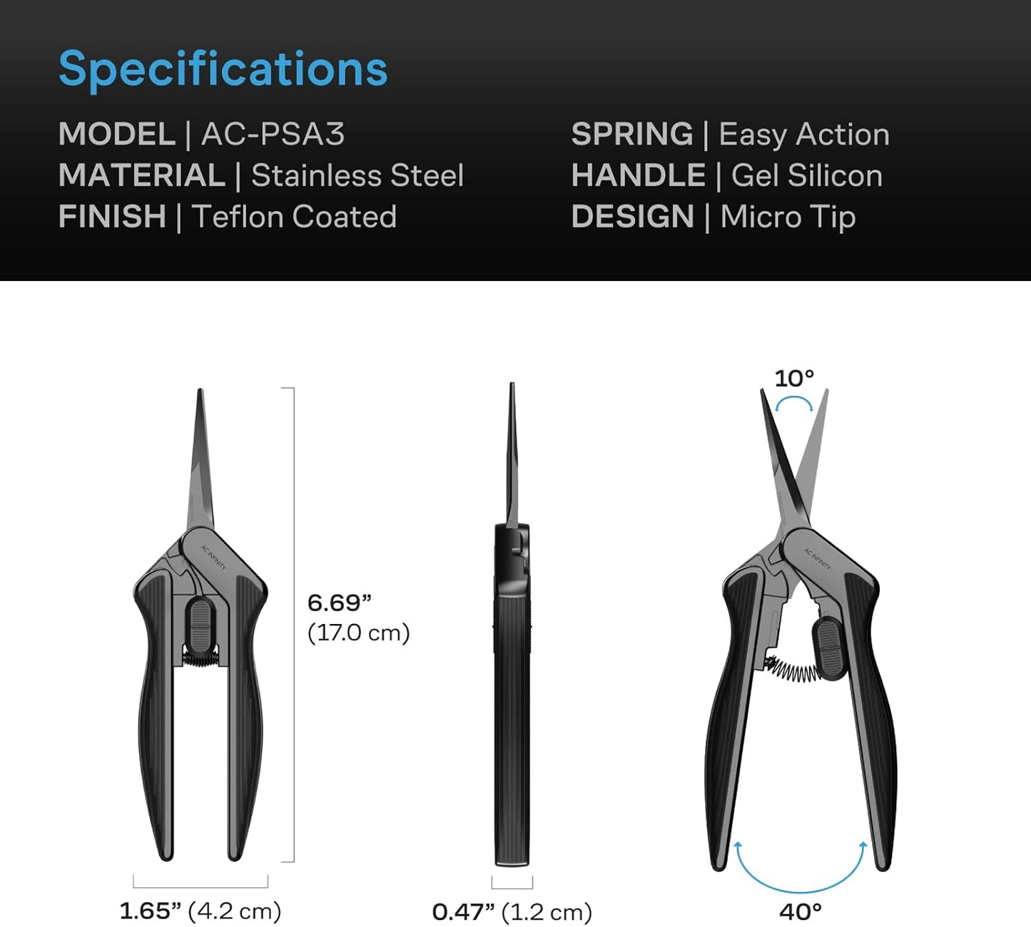 AC Infinity 6.6” Stainless Steel Pruning Shear, Lightweight Ergonomic Design, Straight Precision Blades with Nonstick Teflon Coating for Gardening, Hydroponics, Grow Tents