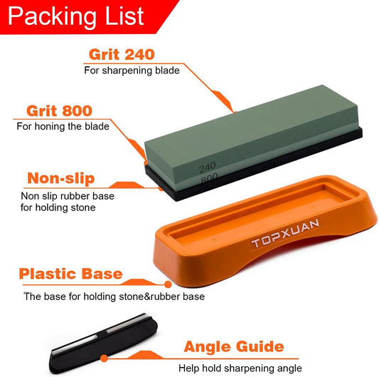 Knife Sharpening Stone 2 Sided 240/800 Grit Sharpener Waterstone,Professional Kitchen Whetstone with Orange Plastic Base,Non-slip Rubber and Angle Guide