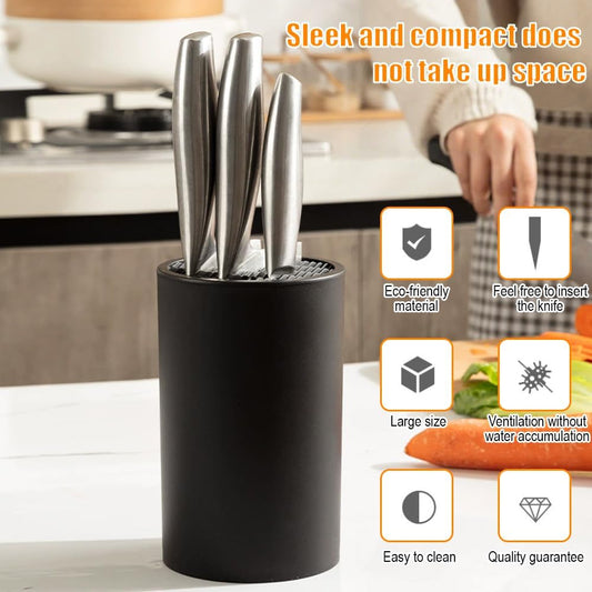 Knife Block Without Knives, Universal Round Knife Block Only, Knife Holder for Easy Cleaning, Space Saver Knife Storage Holder with Scissors Slot - Black
