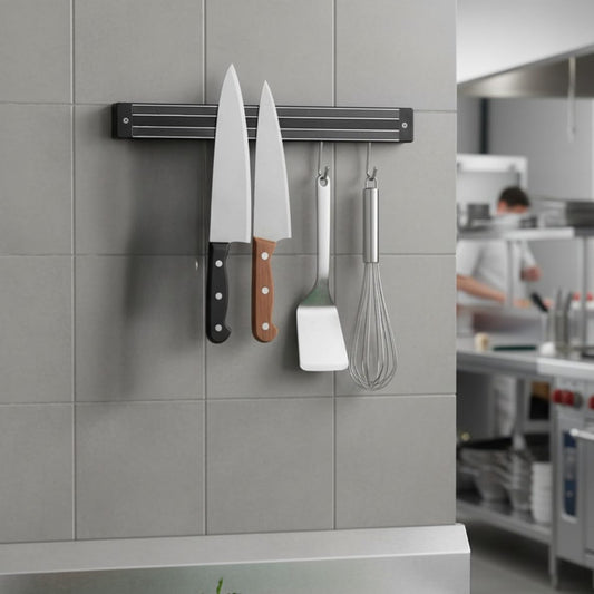 TrueCraftware 24" Black Magnetic Knife Holder with Dual Magnetic Strips & Optional Hanging Hooks - Strong Powerful Knife Rack Storage Display Organizer