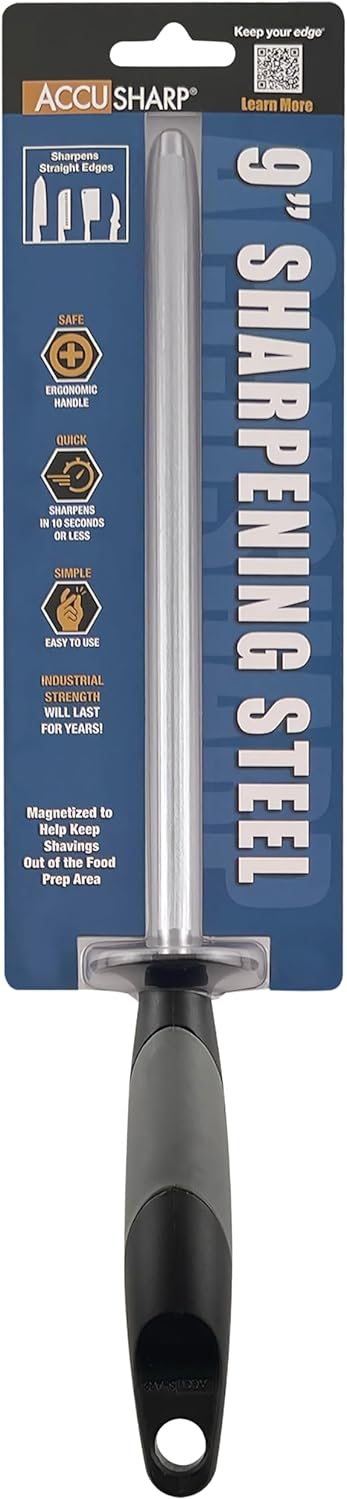 AccuSharp Butcher Sharpening Steel – 9” Knife Honing Rod with Angle Guides (15°/21°), Magnetized Professional Knife Sharpener Rod for Kitchen & Chef Use