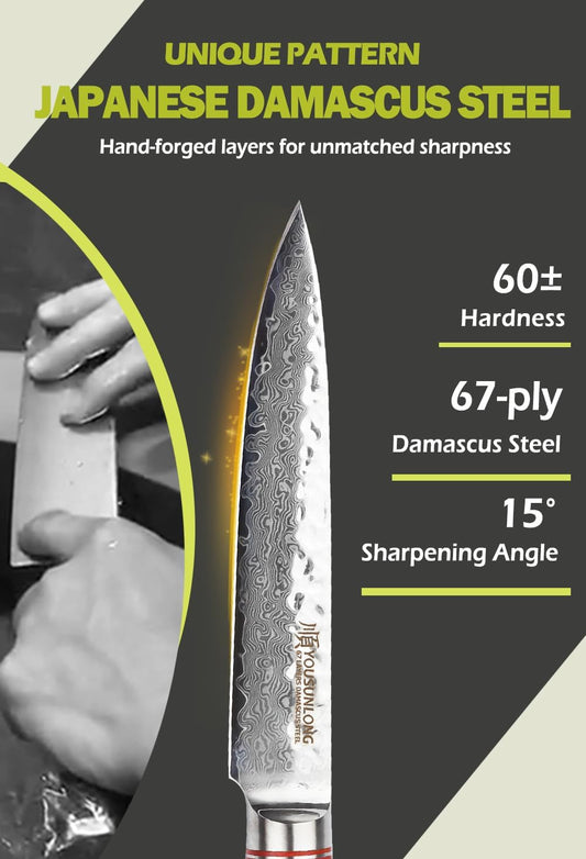 YOUSUNLONG Utility Knife Kitchen 5 Inch Petty Knife - Japanese Hammered Damascus Steel - Razor Sharp Blade - Natural Walnut Wooden Handle